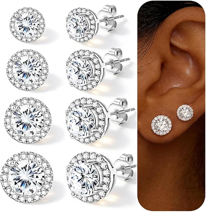 4 Pairs Silver Stud Earrings for Women, 18K Silver Plated Hypoallergenic Premium Cubic Zirconia Earrings, Halo Round Square Stud Earrings Set for Women Men