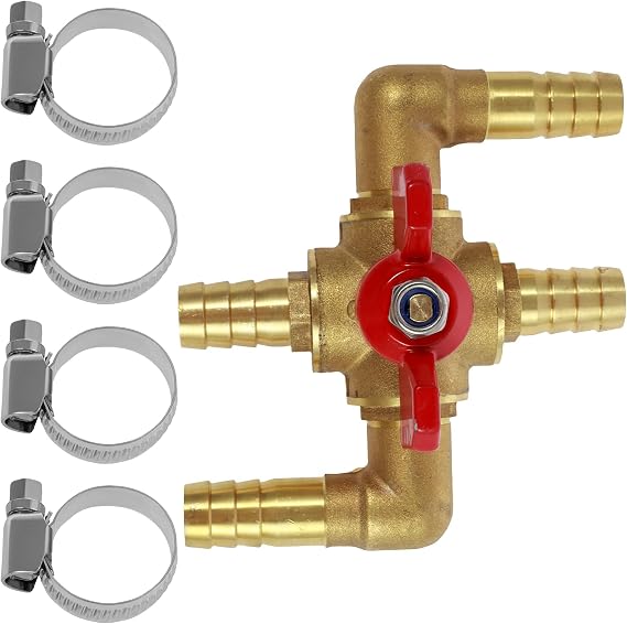 Solid Brass 5/8 Inch Heater Control Valve, 4-way Car Heater Air Conditioning Ball Valve, Brass Automotive Integrated Manual Control Valve, Heater Core Bypass with 4 Clamps (5/8"(16mm))