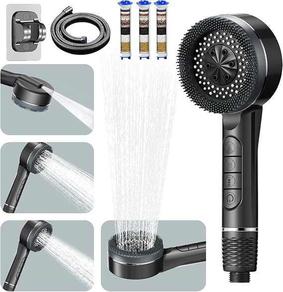 WPARHUS High Pressure Shower Heads, 4 Mode Handheld Pressurized Shower Head with Pause Switch, Massage Water Saving Large Shower Head, 1.5M Shower Hose and Shower Stand