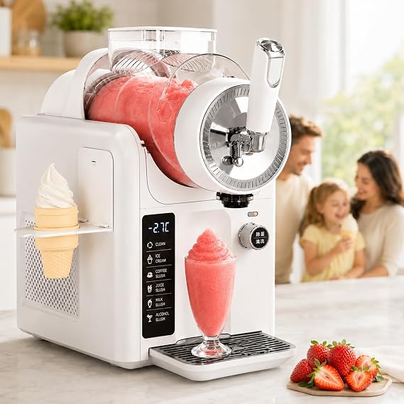 Slushy Maker, 2-in-1 Slushie Machine and Ice Cream Maker Machine, 2L Countertop Slush Machine with Automatic Cleaning, 5 Presets & Temperature Control for Juice, Coffee & Soft Serve White