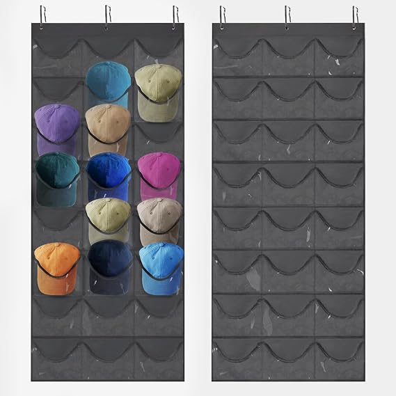 Hat Rack for Baseball Caps, Over The Door Baseball Hat Organizer with 3 Hooks, Hats Storage Holder for Closet Door Wall with Large 24 Clear Deep Pockets, Black