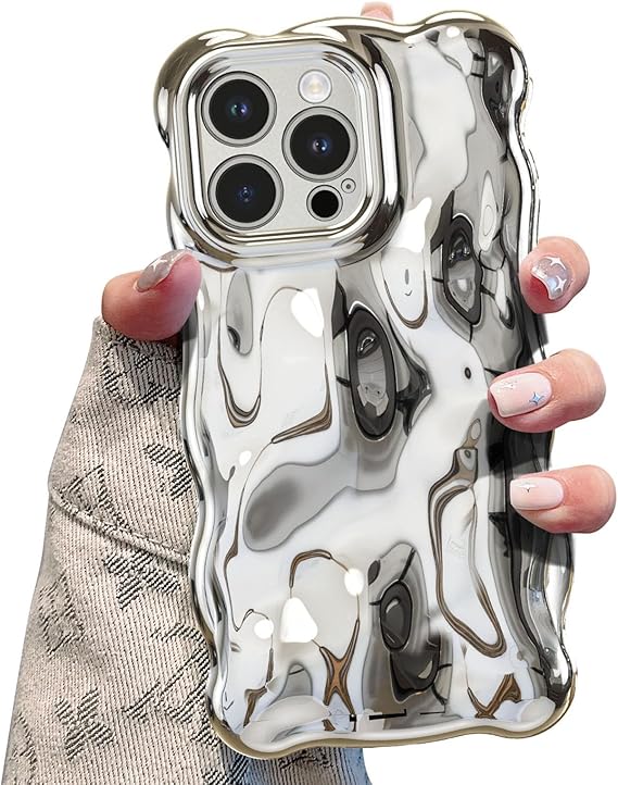 UEEBAI Case for iPhone 13 Pro Max 6.7 inch, Cute Solid Color Curly Wave Shape Shockproof Soft TPU Bumper Phone Case, Candy Water Ripple 3D Silicone Slim Pretty Case Non-yellowing Cover,Silver