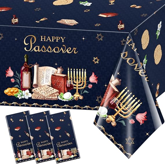 3Pack Happy Passover Tablecloth,Plastic Disposable Passover Tablecloth,Rectangle Passover Table Covers for Festival Holiday Party Decorations,54 x 108 Inch