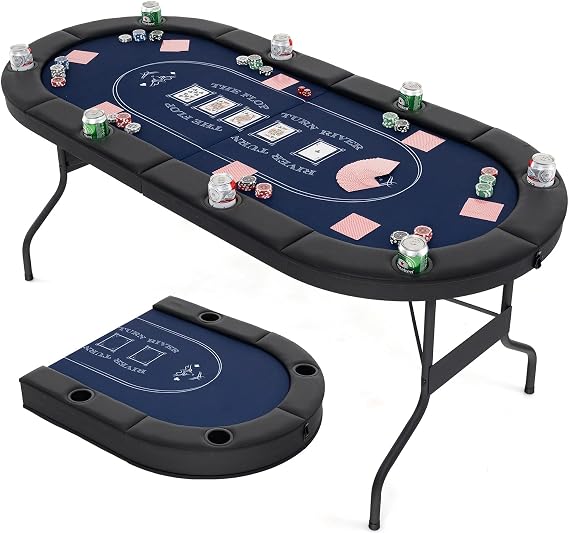 COSTWAY Folding Poker Table for 8 Players Gaming Table with Drink Holders and Padded Armrest Casino Poker Table for Blackjack Texas Hold'em (Blue)