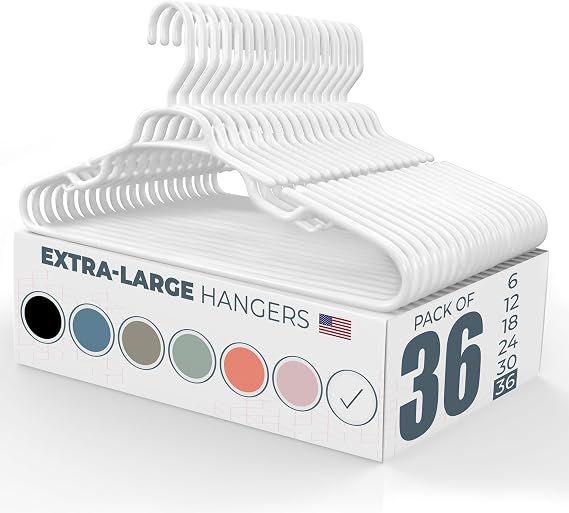 Large & Wide Heavy Duty Clothes Hangers 36 Pack Made in USA Ideal for Plus Size Clothing 10lb Plastic Hangers with Notches for Oversized Adult Coats & Pants White