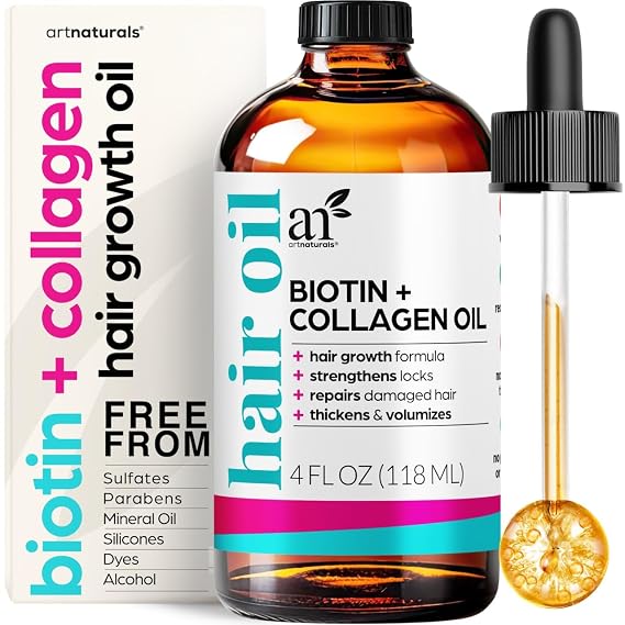 ArtNaturals Biotin & Collagen Hair Oil, 4 oz | Strengthens, Repairs Damaged Hair & Adds Volume, Lightweight Formula, Suitable for All Hair Types