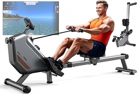 Rowing Machine for Home 10 Level Air Resistance Professional Indoor Rowing Machine Foldable Rower Machine with Bluetooth Backlit Display, Tablet Holder, APP Compatible, Easy Storage