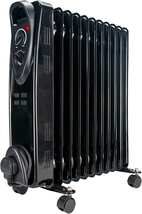 OIL Filled Radiator Heater 11 Fin Black Electric 2.5KW Free Standing Portable Oil Radiator with Thermostat - 3 Heater Settings, Built in Safety Features