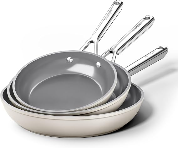 Diamond-Titanium Ceramic Nonstick Frying Pan Set, 3-Piece (20, 24 & 28cm), PFAS & PTFE & PFOA Free, Stainless Steel Handle, Dishwasher/Oven Safe, Beige