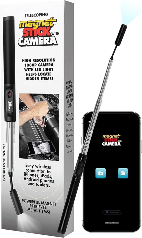 MagnetPal Telescoping Magnetic Pickup Tool with HD Borescope Camera Extendable Magnet Stick with LED Light, Flexible Reach, USB Rechargeable, and Strong Magnetic Tip for Inspection and Retrieval