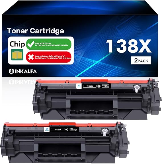 138X Black Laserjet Toner Cartridge High Yield (with Chip) W1380X Compatible Replacement for HP 138X 138A W1380X W1380A Toner for HP Laserjet Pro 3001dw 3001fdw MFP 3101fdw Series Printer Ink (2-Pack)