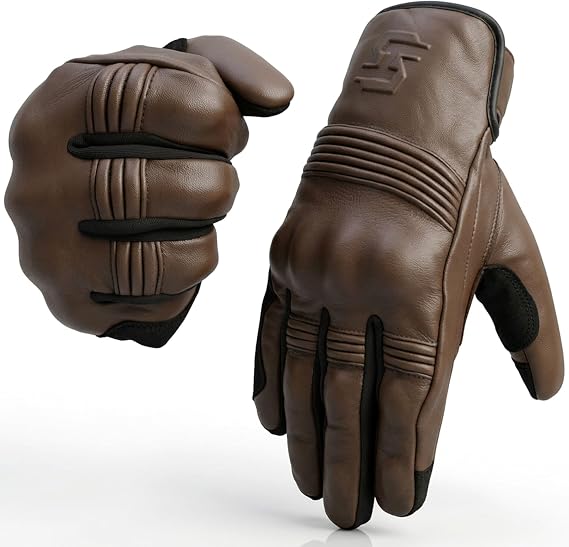 Leather Motorcycle Gloves for Men and Women | Touchscreen | Full Finger | Goatskin Leather Hard Knuckle Motorcycle Riding Gloves (Classic Brown, Small)