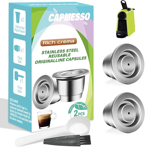 CAPMESSO Espresso Refillable Capsules Reusable Coffee Pod Stainless Steel Capsules Compatible with Nespresso OriginalLine Brewers (Upgraded Creamy Version- 2 pod set)