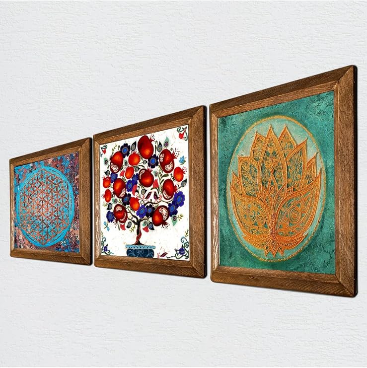 Pinecone Yaşam Çiçeği, Lotus Çiçeği, Nar Ağacı Taş Duvar Tablosu - Ahşap Çerçeveli Taş Tablo - 25x25 cm - 3 Parça Set - Dekoratif Duvar Sanatı - Modern Ev ve Ofis Duvar Dekoru W3-106
