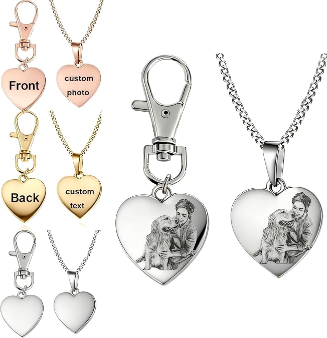 Customize Pet ID Tags Heart Dog Necklace Keychain Set Photo Text Engraved Tag for Pet Lovers Owners Personalized Dog Cat Best Friend Family Memorial Stainless Steel (Silver-Heart)