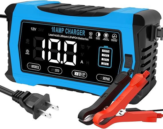 10-Amp Smart Car Battery Charger, Battery Maintainer, Trickle Charger, 12V 24V Automatic Battery Charger for Car, Motorcycle,Boat,Truck,Lawn Mower,Lead-Acid,Lithium, LiFePo4 Battery