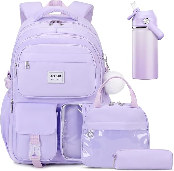 ACESAK Backpack for Girls with 14oz Insulated Water Bottle, Girls Laptop Backpack for Teen Women, Kids Water Bottle Stainless Steel, Lunch Bag & Pencil Pouch, Back To School Gift (Purple)