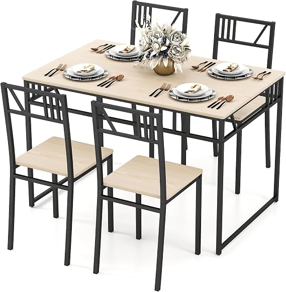 COSTWAY Dining Table and Chairs Set 4, Wood Effect Rectangular Kitchen Table and 4 Chairs with Curved Back, Metal Frame Space Saving Home Dining Room Furniture Set (Natural)