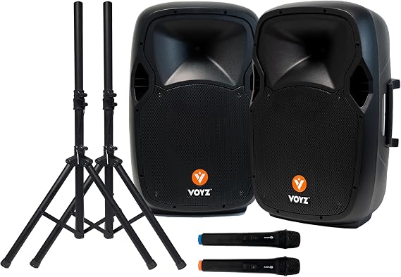 VOYZ Party 15" 2000 Watt 2-Way Powered PA Speaker System Combo Set with Bluetooth/USB Drive Read Function/SD Card Reader/FM Radio/Remote Control, Karaoke VZ-HLKIT415