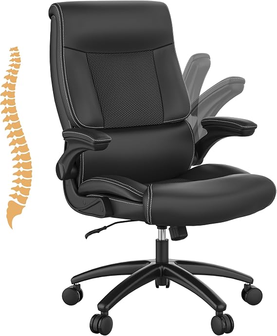 Youhauchair Ergonomic Big and Tall Office Chair, 500LBS PU Leather Executive Desk Chair with Lumbar Support and Flip-up Armrests, High Back, for Home and Office, Black