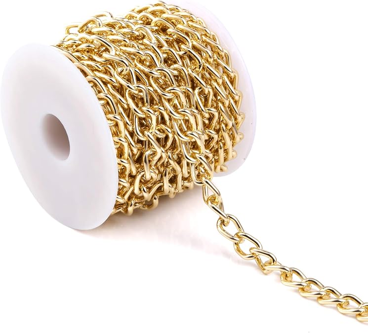 16.4 Feet Gold Brass Curb Chain Twisted Bulk with Spool for Jewelry Making | ALEXCRAFT Hypaollergenic Gold Plated Chunky Link Curb Chains Bulk for DIY Necklace Bracelet Jewelry Making