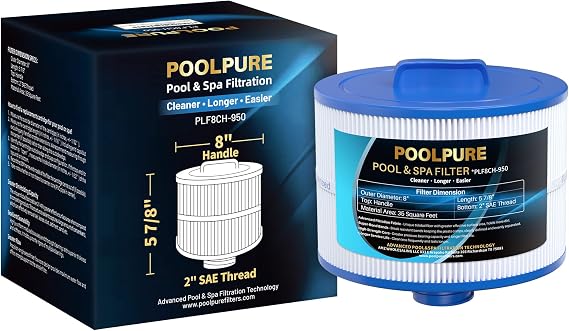 POOLPURE 8CH-950 Replacement for 10-2785 Bullfrog Spa Filter, PBF35, PBF50-F2S, Filbur FC-0536, Excel Filters XLS-834, Aladdin 15052, Baleen AK-90311, 2" SAE Thread Bull Frog Spa Filter 1PACK