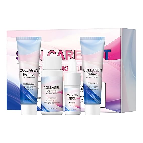 Travel Skincare Set, Collagen Retinol Face Wash, Toner, Anti-Aging Serum & Moisturizer Cream Travel Essentials Toiletries Kit for Women, Cleanser & Skincare Skin Routine Kit
