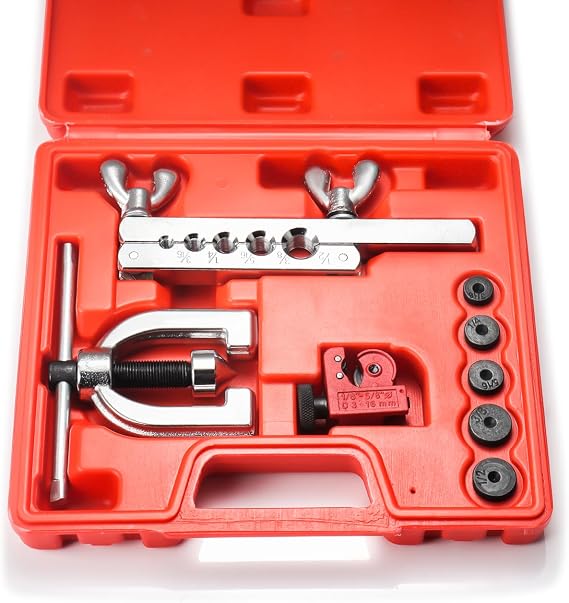 Flaring Tool Kit - Double & Single Tubing Flaring Tool Repair Kit with Tube Cutter and 5 Adapters Compatible with Copper Aluminum Brass Magnesium