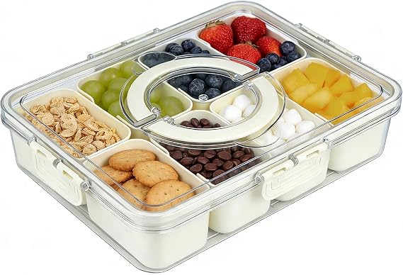 Longzhuo Divided Clear Snackle Box Container, Serving Tray with Lid&Handle