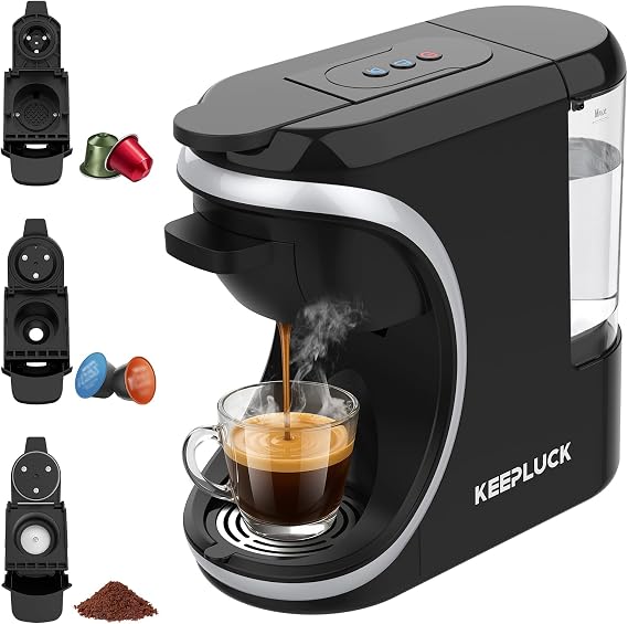 3 in 1 Coffee Pod Machine, 19 Bar Espresso Coffee Machine Compatible with Nespresso Original, Dolce Gusto and Ground Coffee, Programmable Cup Volume for Home Office, Essential