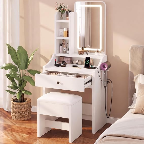 DUMOS Small Makeup Vanity Desk, Mirror and LED Lights, Storage Chair Set