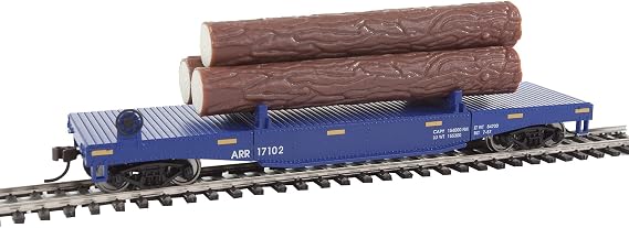 Walthers Trainline Log Dump Car with 3 Logs-Ready to Run-Alaska Railroad #17102 (Blue, Yellow Conspicuity Marks) 931-1770 HO Scale Model Railroad - Freight Model