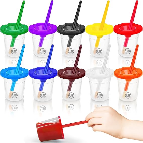 Paint Cups with Lids for Kids 10 Paint Containers with Lids, 10 Toddler Paints Brushes Toddler Art Supplies No Spill Painting Cups