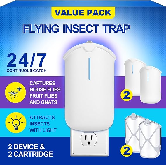 2 Flying Insect Traps & 2 Cartridges - Compatible with Refills | Plug in Fruit Fly Trap for Indoor - Bug Catcher for Gnats, House & Fruit Flies - Use in Any Room (2 Device & 2 Cartridges)