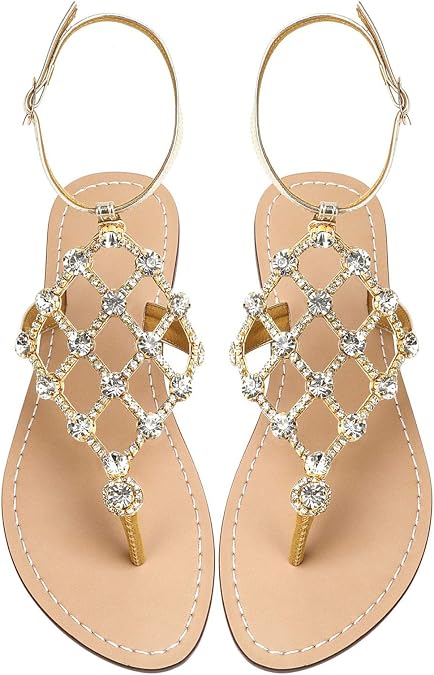 UTIKLIOU Women's Rhinestone Flat Sandals T-Strap Thong Sandals Summer Flat Sandals Flip Flop Sandals for Women