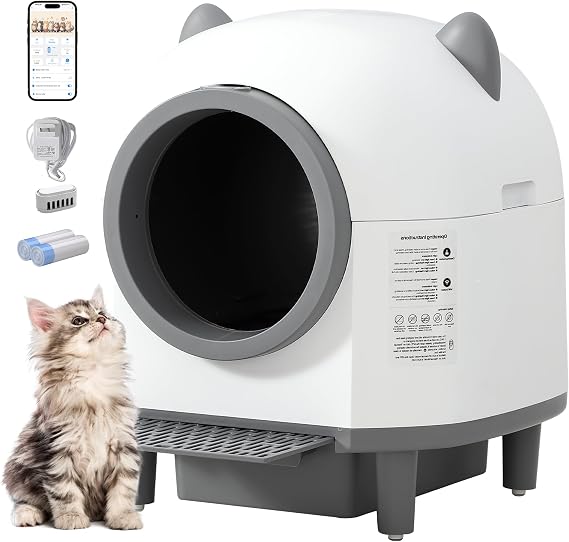 Automatic Cat Litter Box, Self Cleaning Litter Box with APP Control | Large Robot Kitty Litter Box for Multiple Cats with Safety Sensors, Odor Removal, 2 Roll Garbage Bags, 90L Cat Ears Design