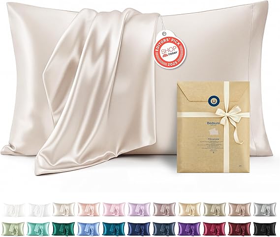 Bedsure Satin Pillowcases Queen Set of 2, Similar to Silk Pillow Case Beige