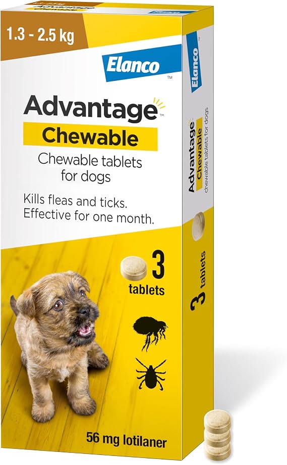 Advantage Chewable 56mg Chewable Tablets for Dogs 1.3-2.5kg (3 pack), Flea and Tick Treatment, Fast Acting Kills Fleas Within Hours, Prevention Lasts For A Month, Easy To Administer