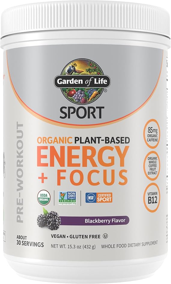 Garden of Life Sport Organic Plant Based Energy + Focus Clean Pre Workout Powder, with 85mg Caffeine, Natural No Booster, B12, Vegan, Gluten Free, Non-GMO, BlackBerry, 15.3 Oz