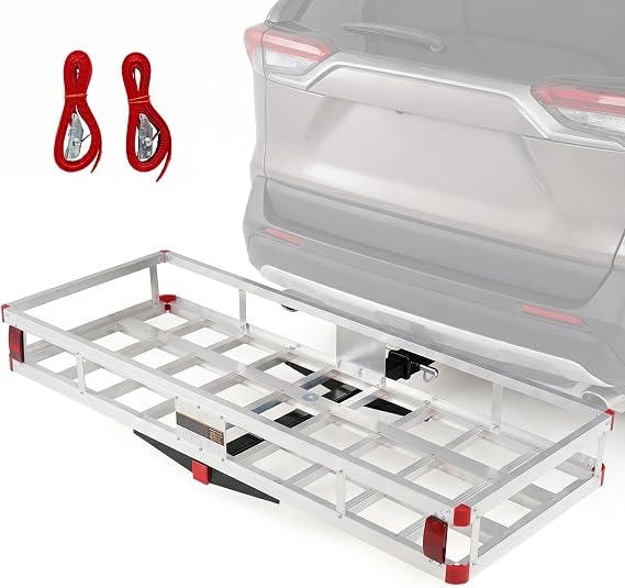 Aluminum Cargo Carrier, Hitch Mount Luggage Basket with 9" High Side Rails, 5/8" Pin, Straps & Reflectors, Heavy Duty Cargo Basket Fits 2" Receiver for SUV & Truck, 500 lbs Capacity