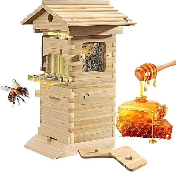 Beehive Starter Kit,Self-Flowing Wooden Bee Box,with Observation Window and Honey Spout,Self-Flow Hive Beehive Starter Kit,for Beekeeping,Garden Pollinators
