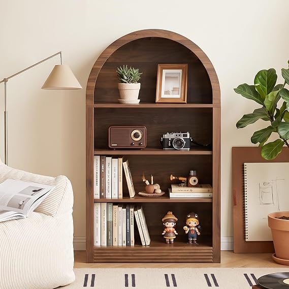 Arched Bookshelf, 47.6 inch Wood Open Bookcase, Brown