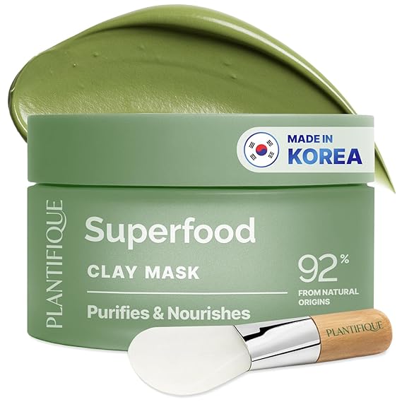 PLANTIFIQUE Korean Clay Mask for Pore Cleansing, Dermatologically Tested | Face Masks Skincare with Kaolin Clay & Superfoods - Hydrating & Soothing Mascarilla de Arcilla, Includes Spatula, 3.88oz