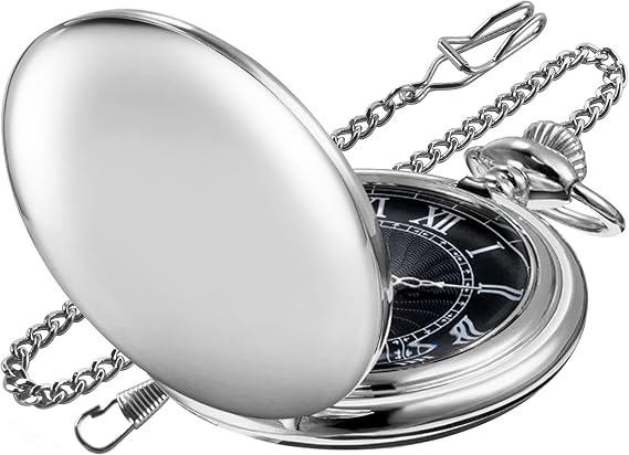 Realpoo Smooth Cover Quartz Pocket Watch, Fashionable Roman Digital White Dial with Waist Chain Pocket Watches for Men