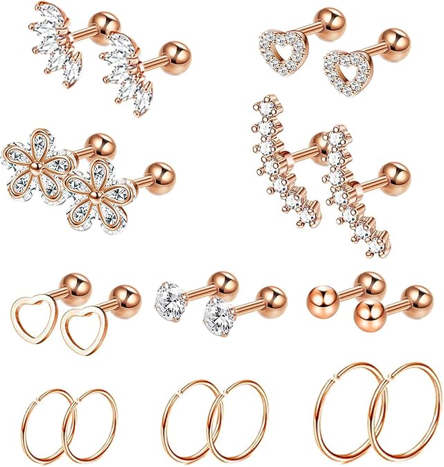 10Pairs Stainlesss Steel Cartilage Stud Earrings for Women Helix Tragus Couch Hoop Piercing Earrings Set