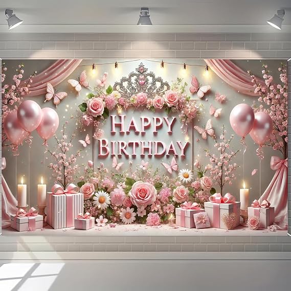 Happy Birthday Party Decorations 71x43 Inch Princess Theme Happy Birthday Background Pink Rose Crown Birthday Banner Girl Party Decorations Photo Photography Props