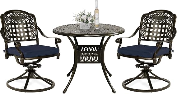 VIVIJASON 3-Piece Patio Bistro Set, Outdoor All-Weather Cast Aluminum Furniture Dining Set, Include 2 Swivel Chairs and 34.5" Round Table w/Umbrella Hole for Balcony, Lawn, Garden (Navy Blue Cushion)