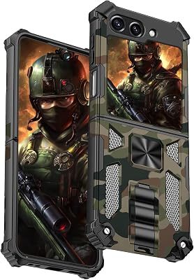 Ysnzaq Camo Case for Samsung Galaxy Z Flip 6 Flip 7 FE, Military Grade Heavy Duty Shockproof Protective, Rotatable Ring Stand, Phone Case for Samsung Galaxy Z Flip 6 Flip 7 FE MC Army Green