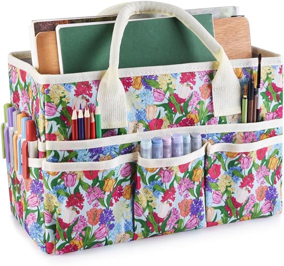 E-WEICHEN Craft Organizer Tote Bag Art Storage Caddy with Multiple Pockets Storage Containers for Art,Craft,and Office Supplies Organizer Tulip Hyacinth
