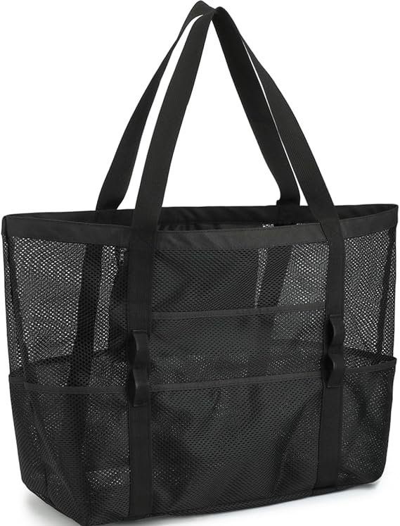 GYEUKHAM Mesh Beach Bag for Women, Sand-Resistant Pool Tote, 9 Pockets (1 Inner Zip), Foldable Family Travel Essentials